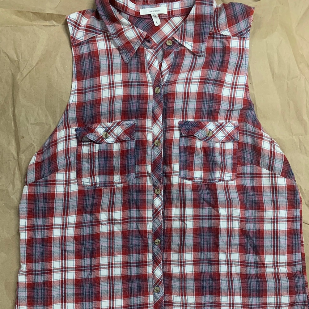 Maurices Red White & Blue Plaid Button-Up Collared Tank Top